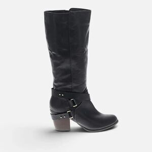 Fergie Black Buckle Campus Faux Leather Knee High Boots 8